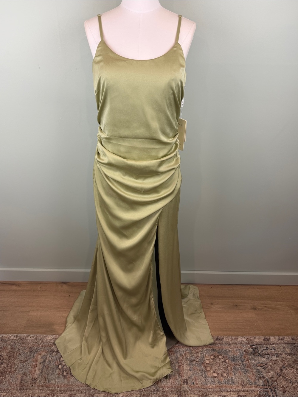 NWT Stacees Stretch Satin Ruched Slip Gown in Green leg slit Bridesmaid gown 10